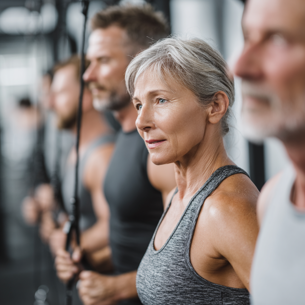Energetic group of Ukrainian adults engaged in dynamic fitness training, showing determination and joy